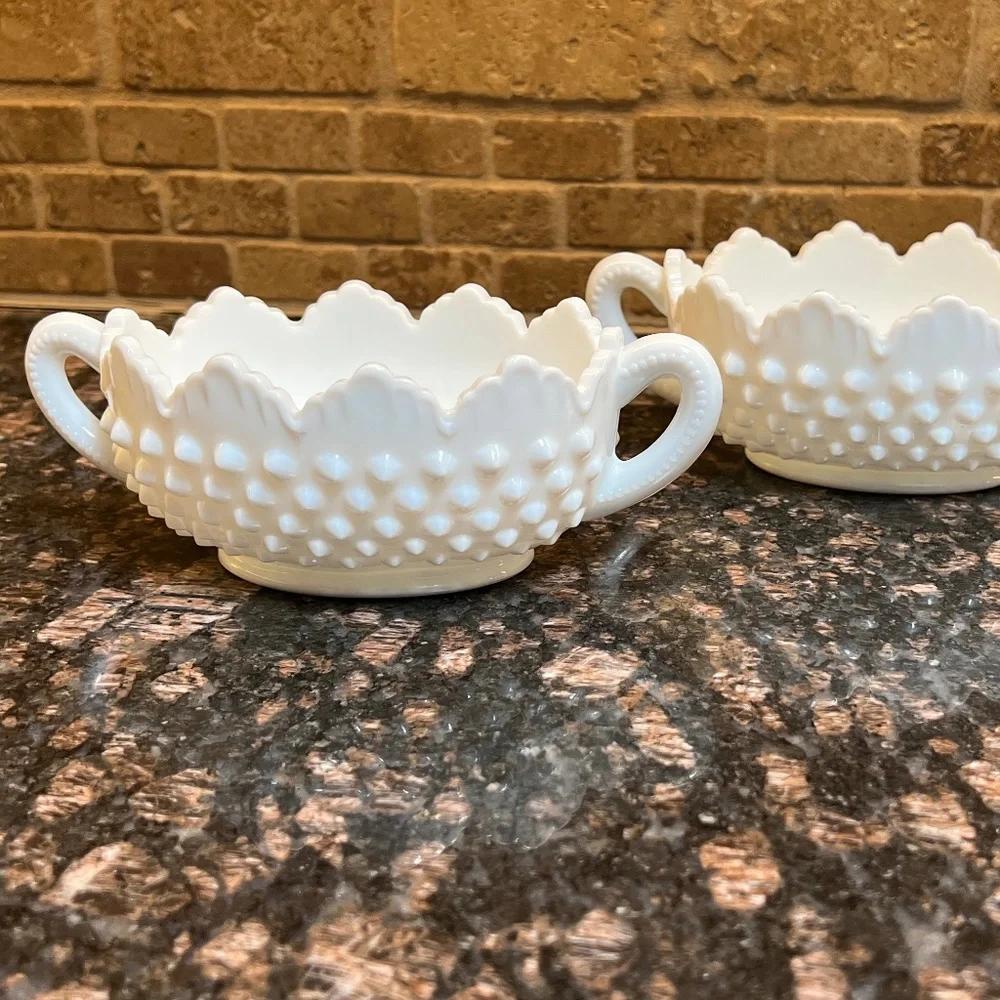 Two Vintage Fenton Hobnail Milk Glass Nut or Candy Bowl